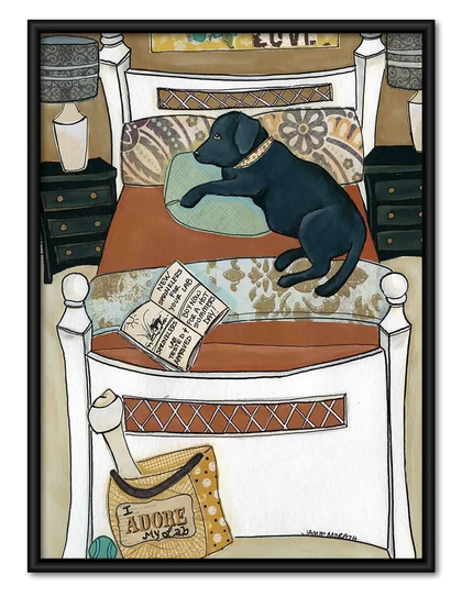 Black Dog Sleeping in Cozy Bed Wall Art