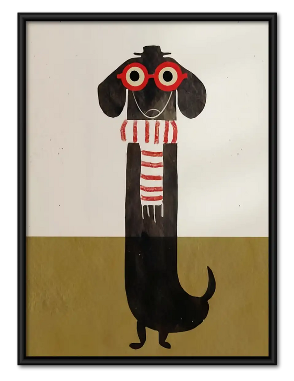 Black Dog with Red Glasses and Scarf Wall Art