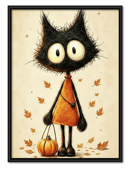 Black Halloween Cat with Pumpkin Wall Art
