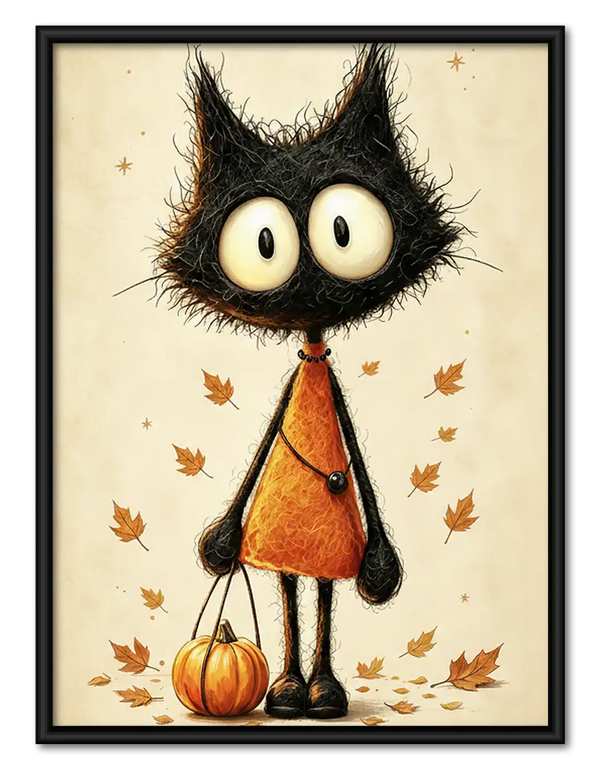 Black Halloween Cat with Pumpkin Wall Art