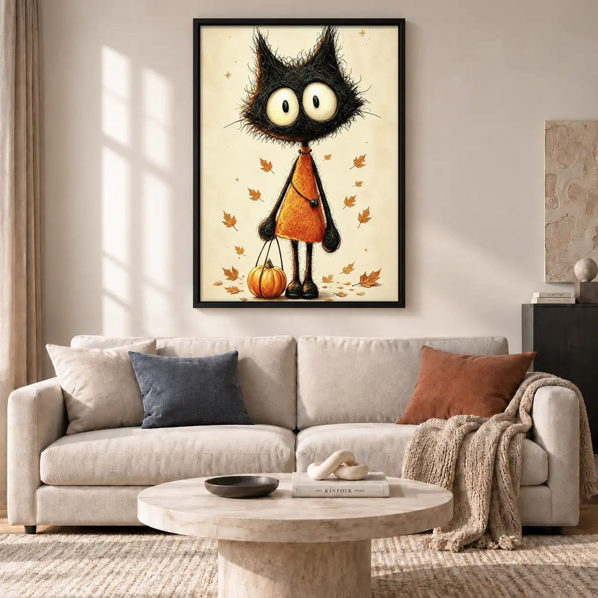 Black Halloween Cat with Pumpkin Wall Art 2