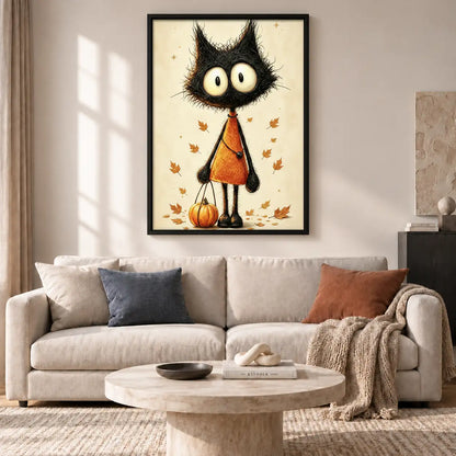 Black Halloween Cat with Pumpkin Wall Art 2