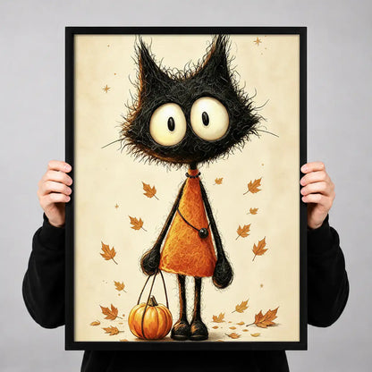 Black Halloween Cat with Pumpkin Wall Art 3
