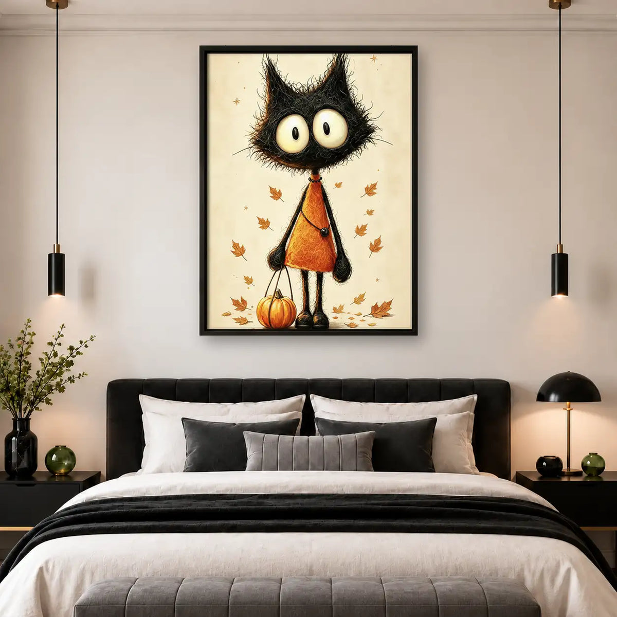 Black Halloween Cat with Pumpkin Wall Art 4