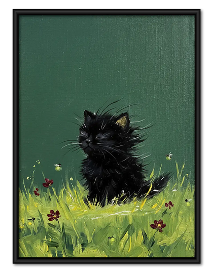 Black Kitten Sitting in Meadow Wall Art