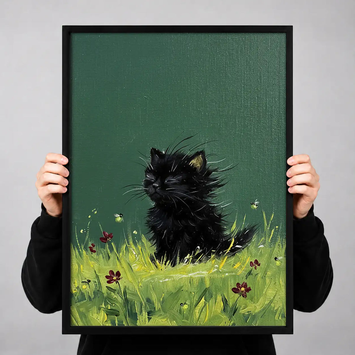 Black Kitten Sitting in Meadow Wall Art 3