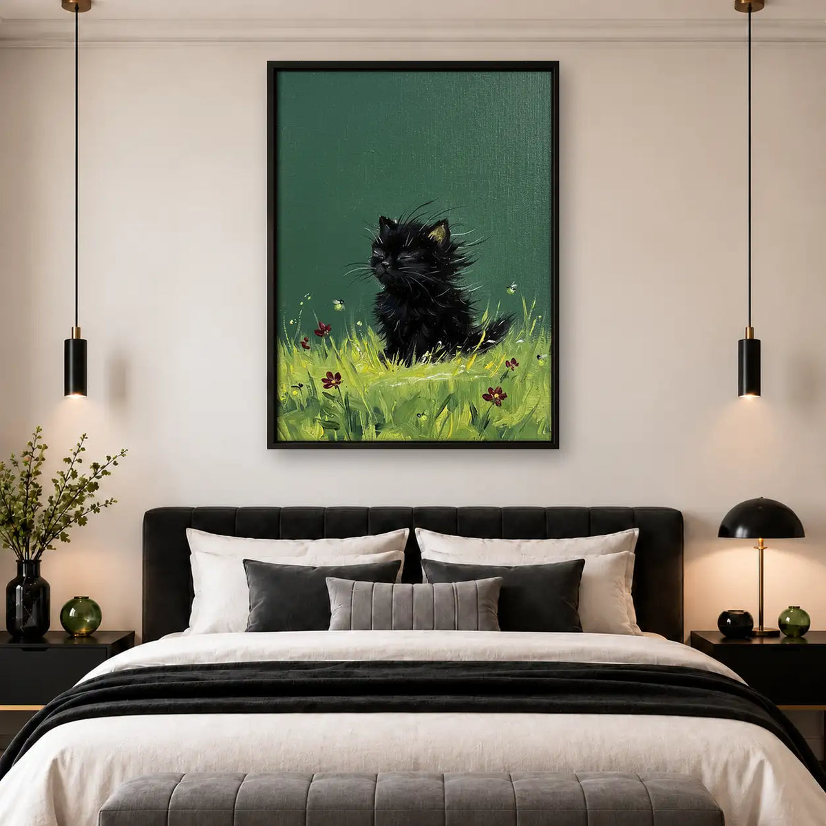 Black Kitten Sitting in Meadow Wall Art 4