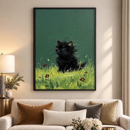 Black Kitten Sitting in Meadow Wall Art 5