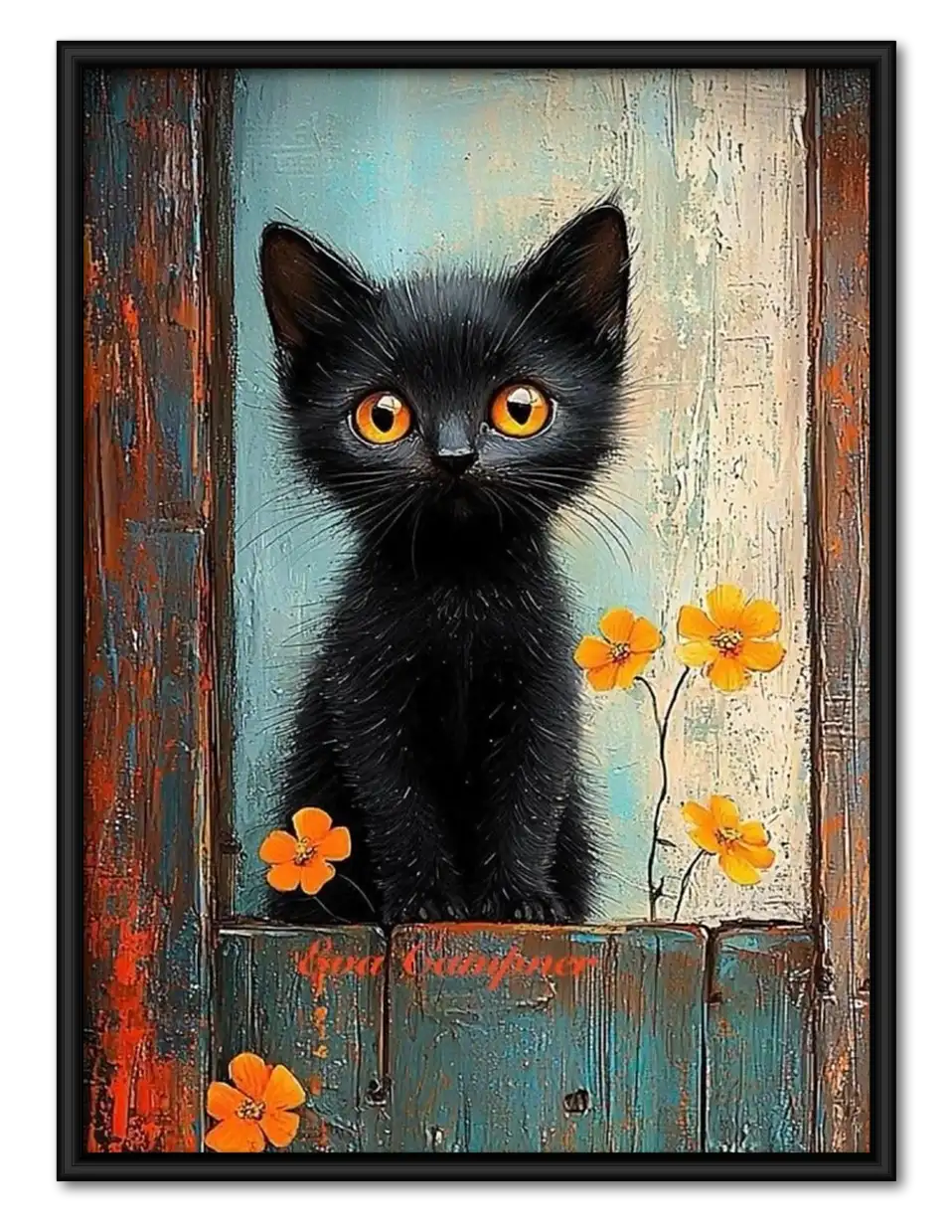 Black Kitten with Orange Flowers Wall Art 1