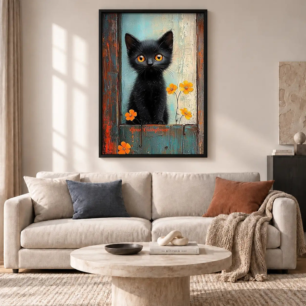 Black Kitten with Orange Flowers Wall Art 2