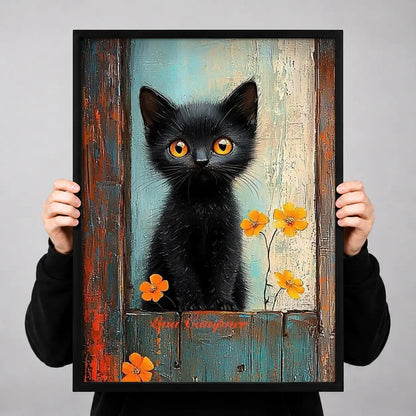 Black Kitten with Orange Flowers Wall Art 3