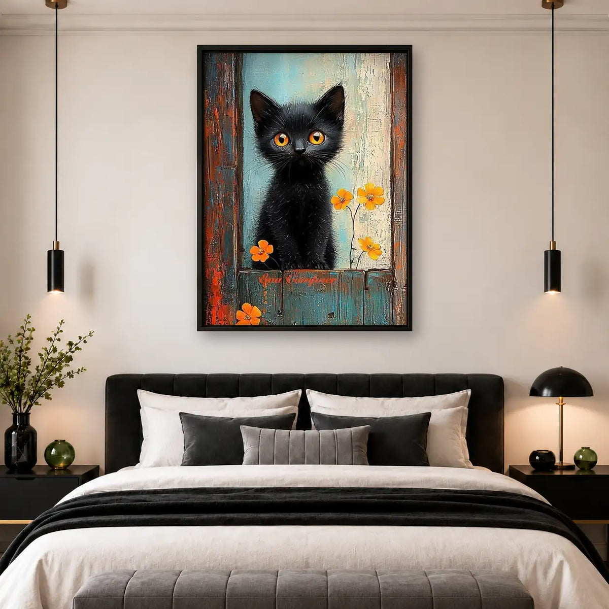 Black Kitten with Orange Flowers Wall Art 4
