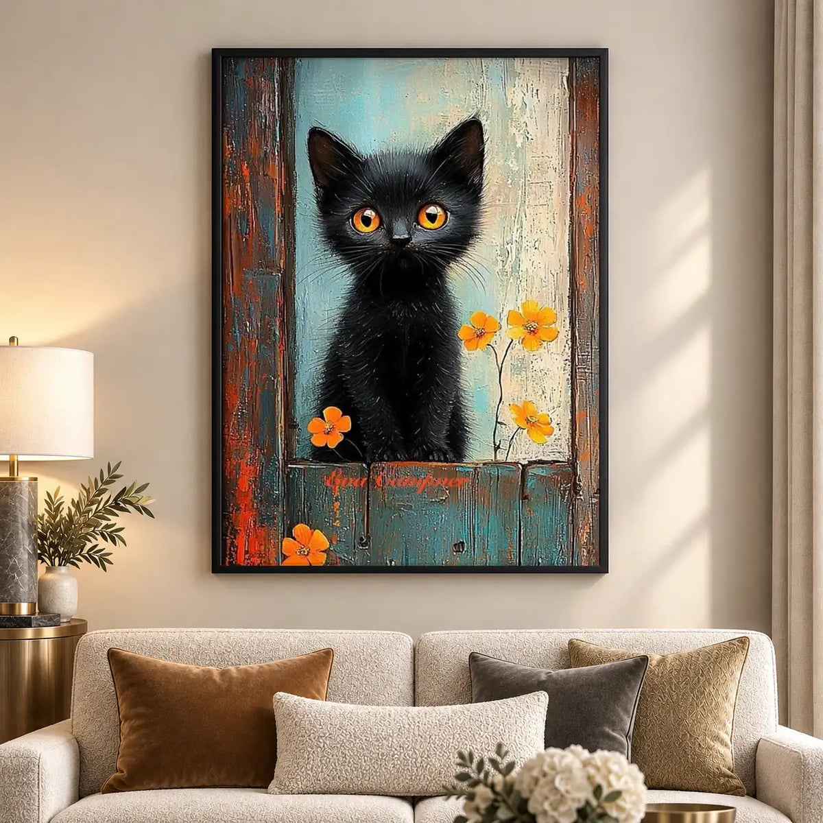 Black Kitten with Orange Flowers Wall Art 5