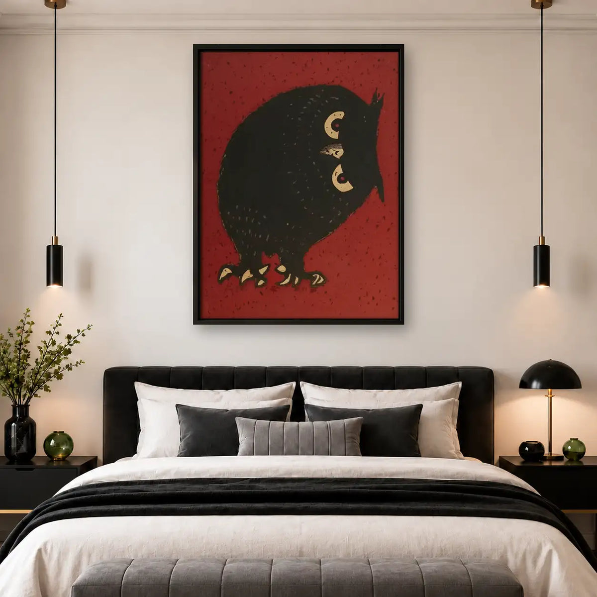 Black Owl on Deep Red Wall Art 4