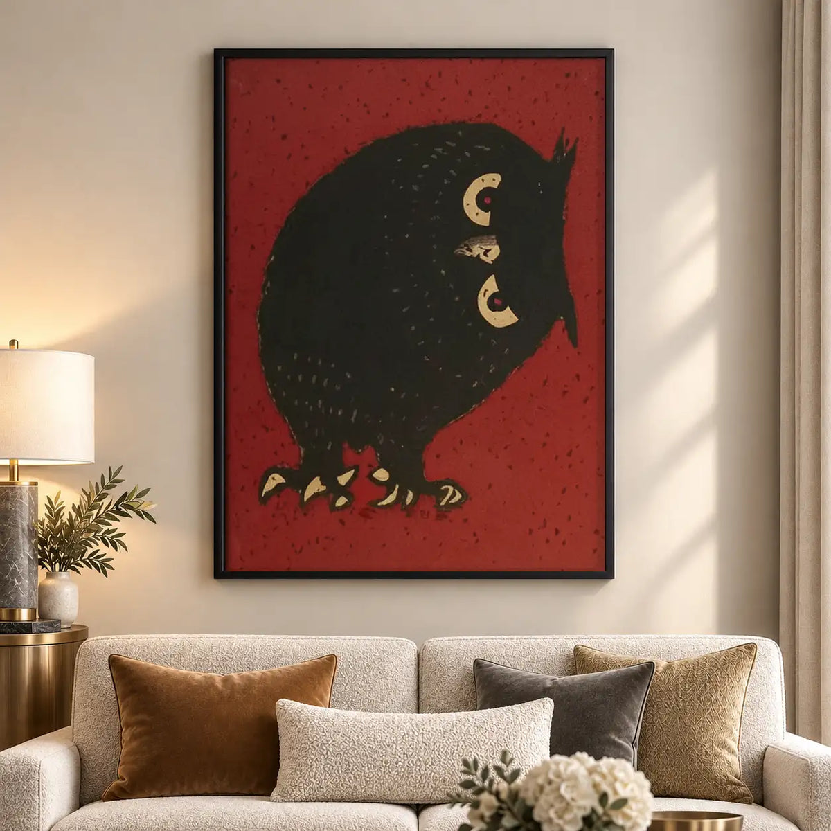 Black Owl on Deep Red Wall Art 5