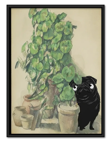 Black Pug Among Houseplants Wall Art