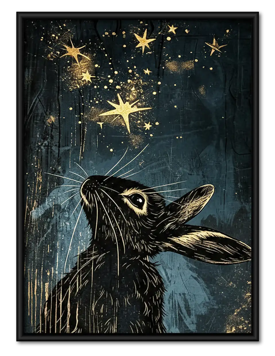 Black Rabbit under Golden Stars Wall Art 1