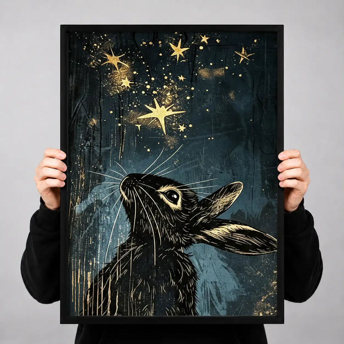 Black Rabbit under Golden Stars Wall Art 3