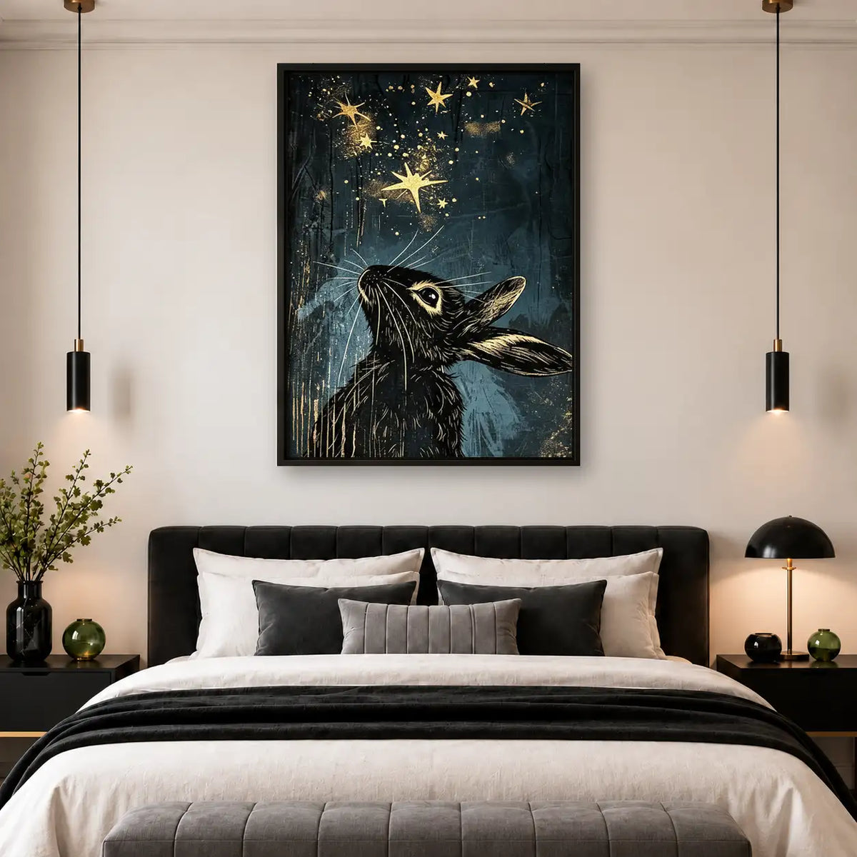 Black Rabbit under Golden Stars Wall Art 4