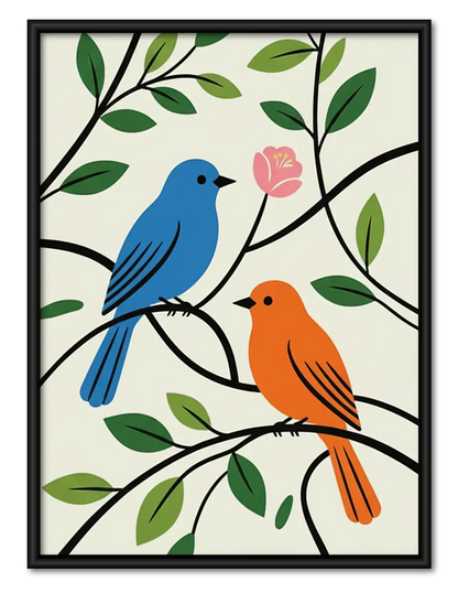 Blue and Orange Birds on Branch Wall Art 1