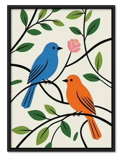 Blue and Orange Birds on Branch Wall Art