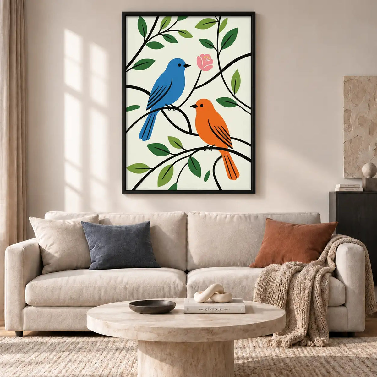 Blue and Orange Birds on Branch Wall Art 2