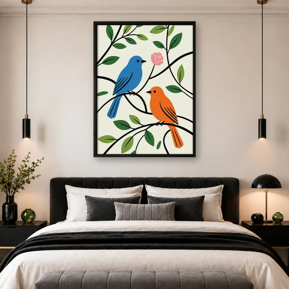 Blue and Orange Birds on Branch Wall Art 4