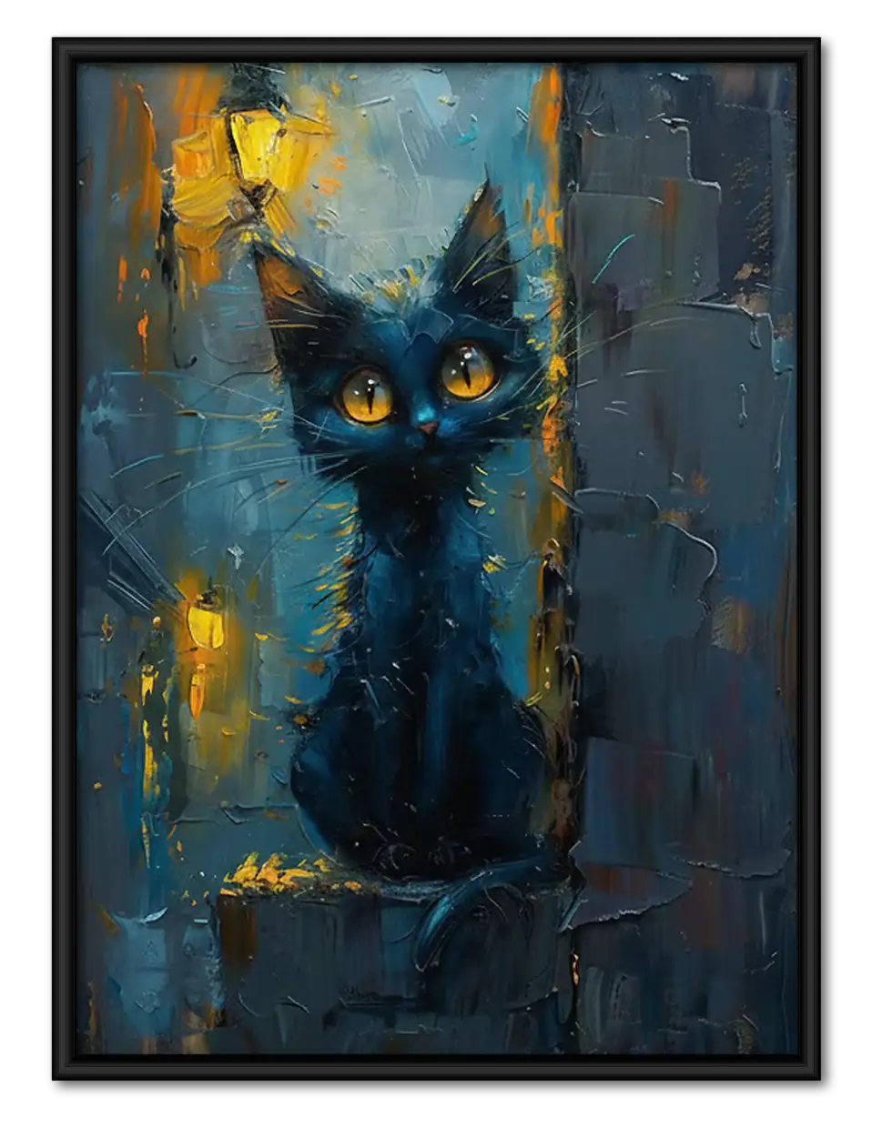 Blue Black Cat Painterly Portrait Wall Art 1
