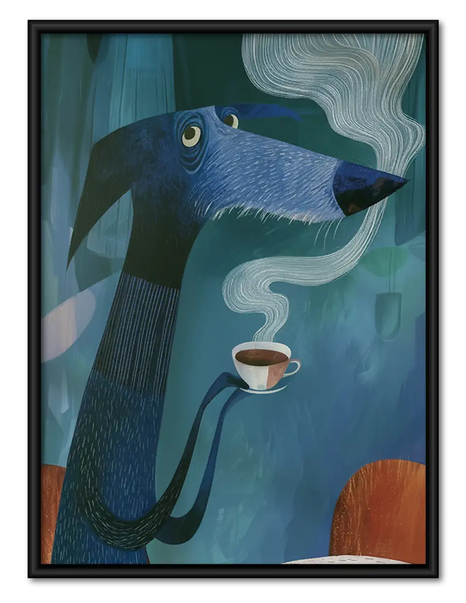 Blue Cat Drinking Coffee Portrait Wall Art 1