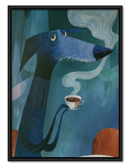 Blue Cat Drinking Coffee Portrait Wall Art