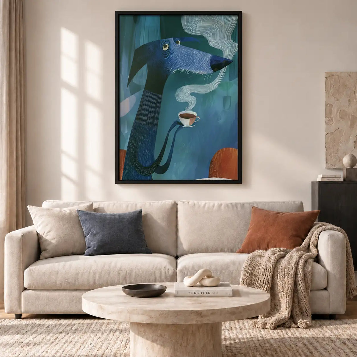 Blue Cat Drinking Coffee Portrait Wall Art 2