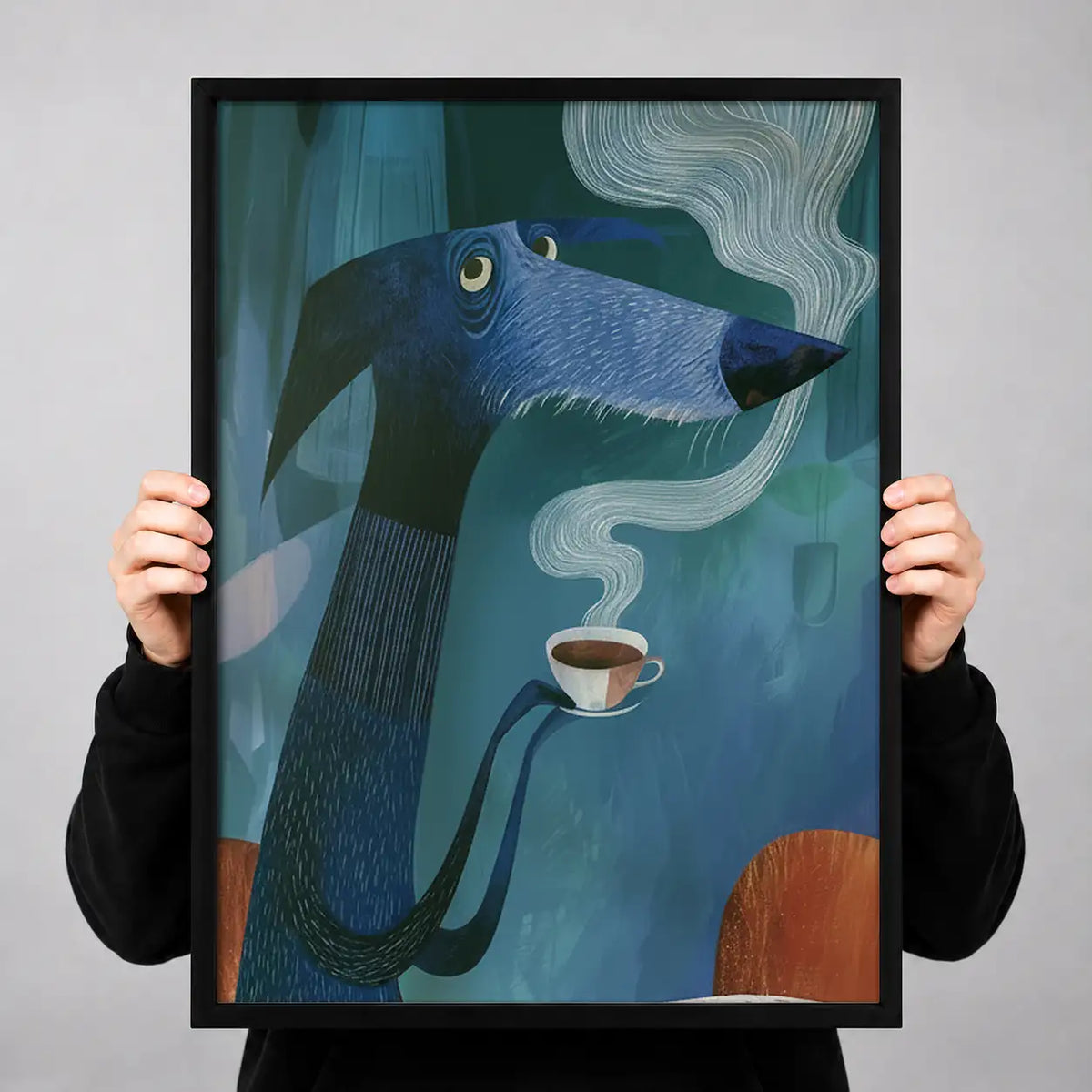 Blue Cat Drinking Coffee Portrait Wall Art 3