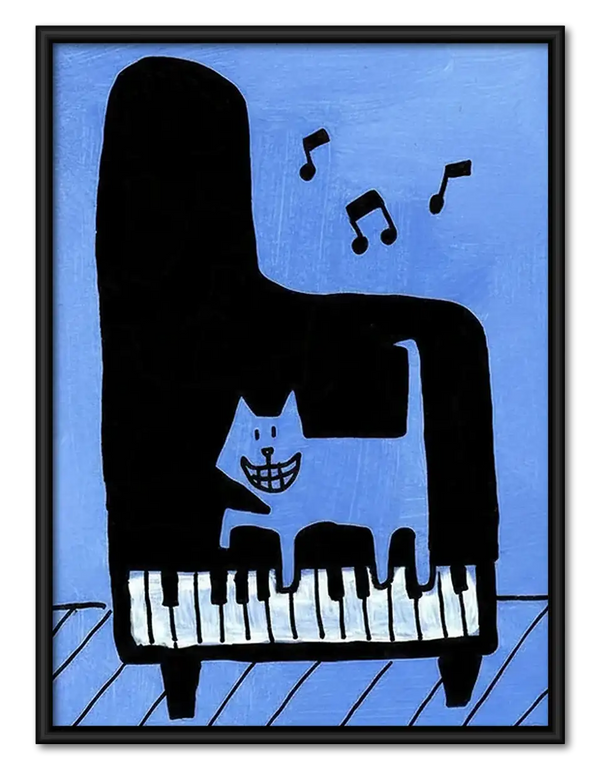 Blue Cat Playing Black Piano Wall Art
