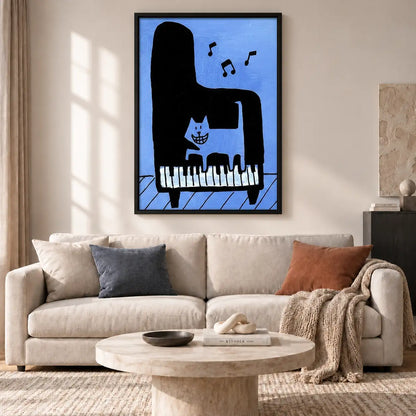Blue Cat Playing Black Piano Wall Art 2