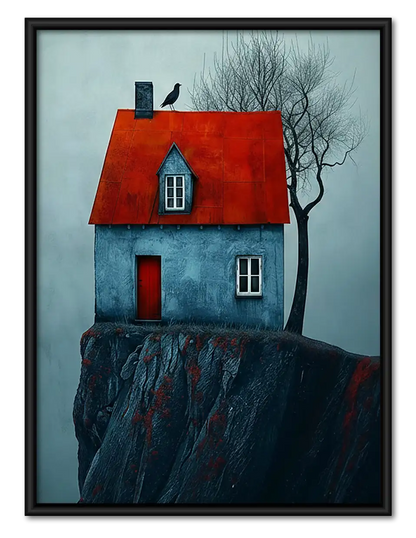 Blue Cliff House with Red Roof Wall Art 1
