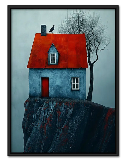 Blue Cliff House with Red Roof Wall Art