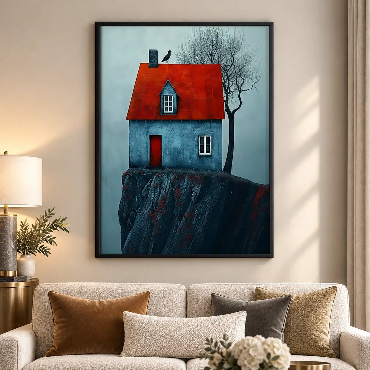 Blue Cliff House with Red Roof Wall Art 5