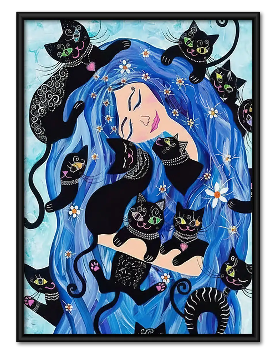 Blue-Haired Woman Surrounded by Cats Wall Art 1