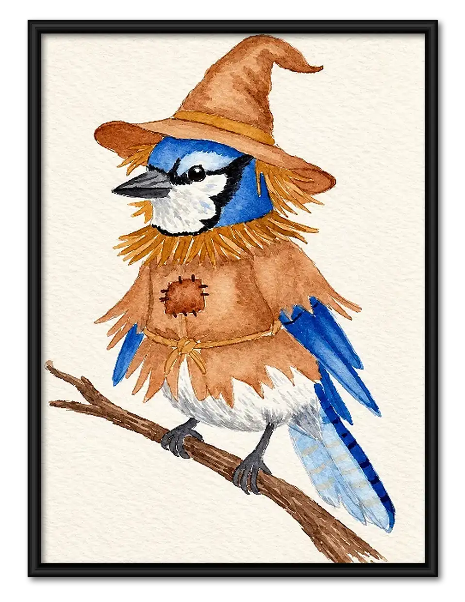 Blue Jay Scarecrow in Witch Hat Wall Art 1