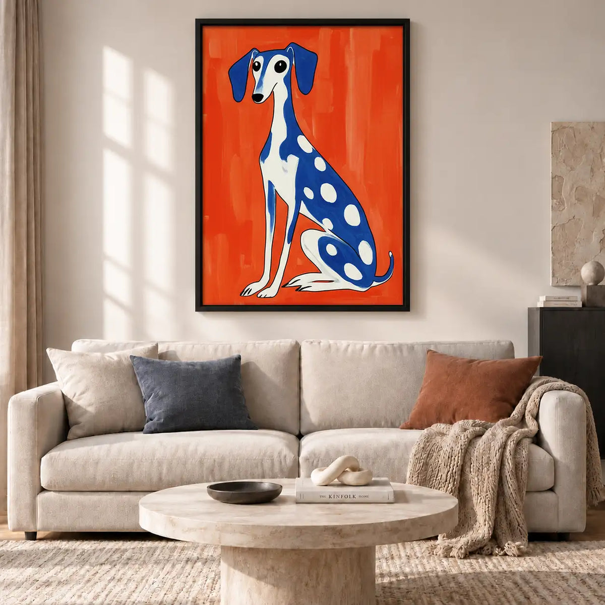 Blue Spotted Dog on Orange Wall Art 2