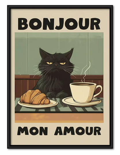 Bonjour Mon Amour Black Cat Cafe Wall Art 1