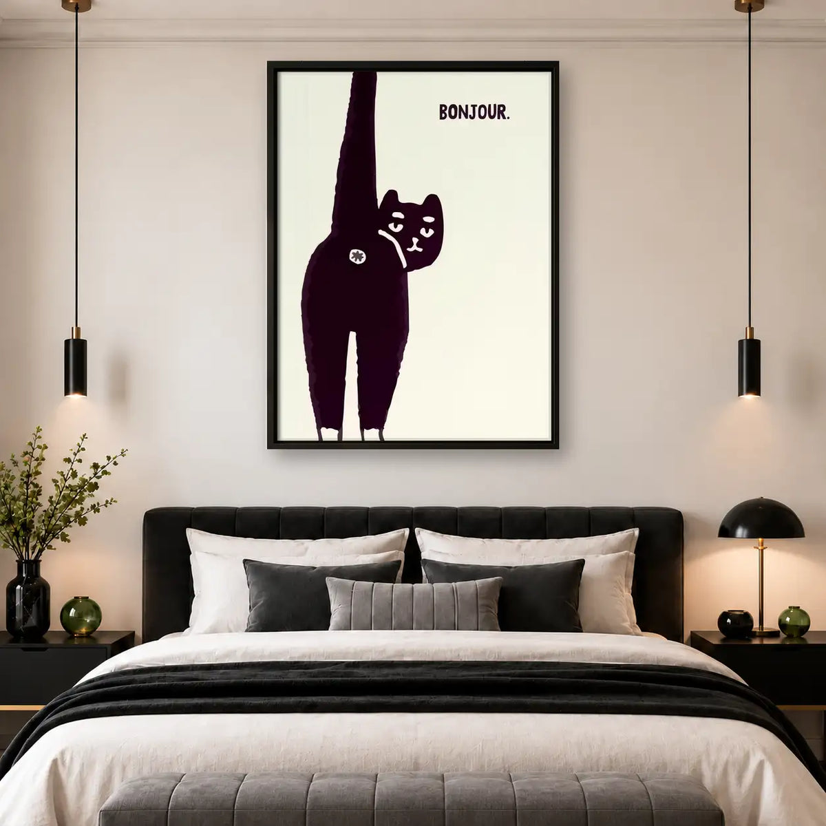 Bonjour Stretching Black Cat Wall Art 4
