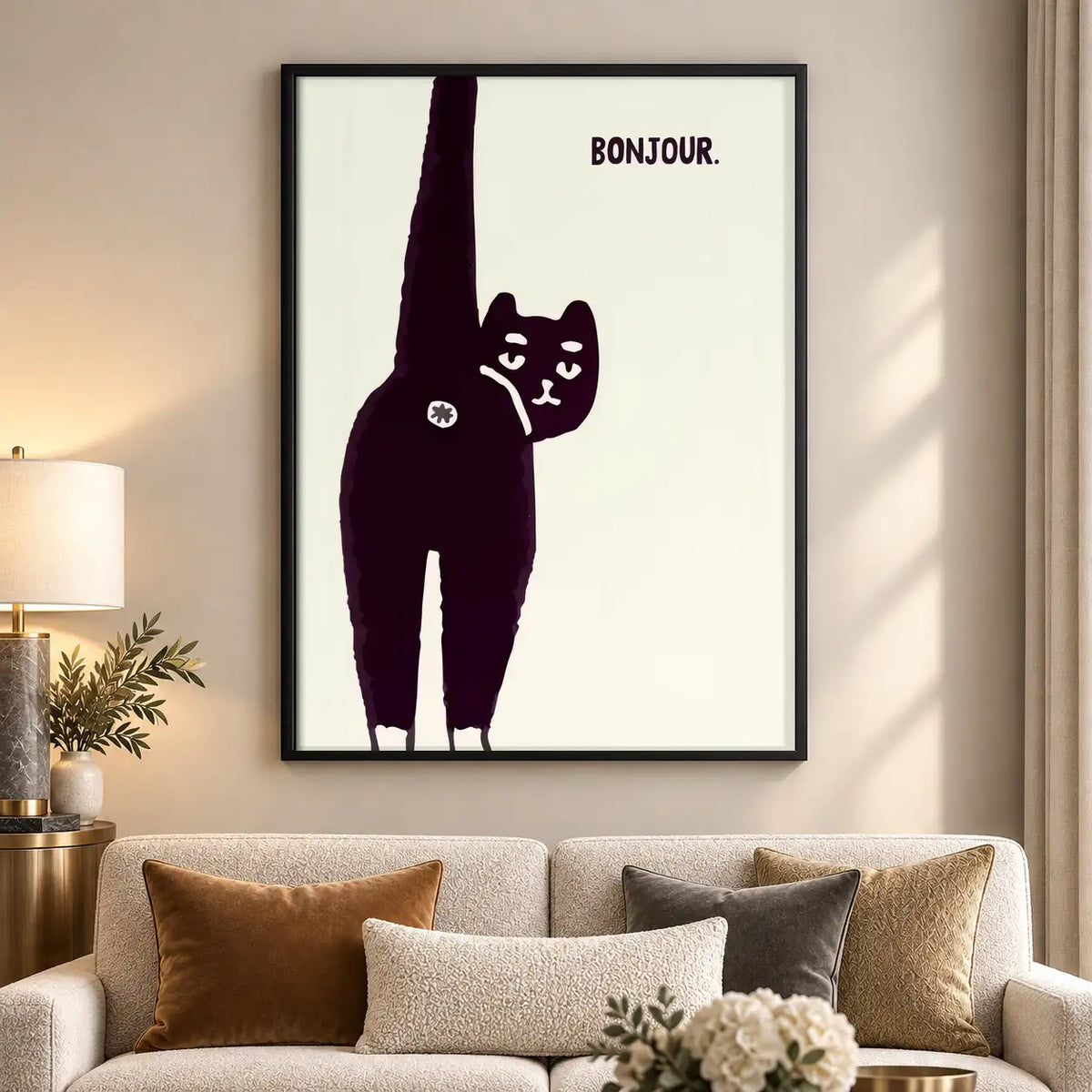Bonjour Stretching Black Cat Wall Art 5