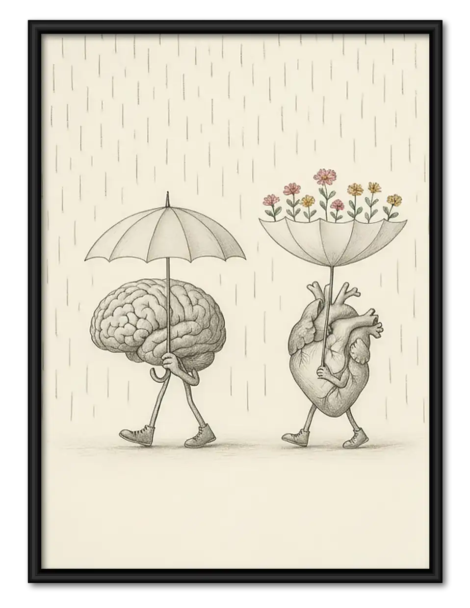Brain and Heart under Umbrellas Wall Art 1