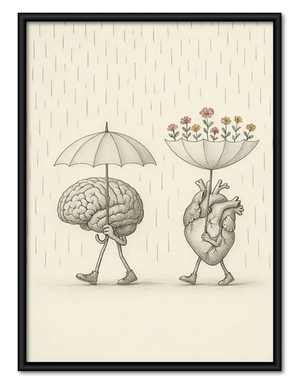 Brain and Heart under Umbrellas Wall Art