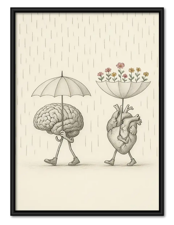 Brain and Heart under Umbrellas Wall Art