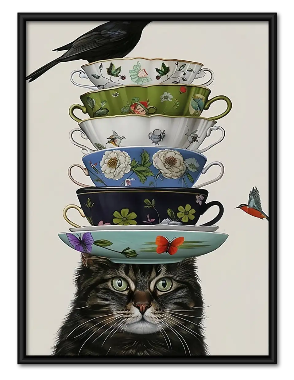 Cat Balancing Tower of Teacups Wall Art 1