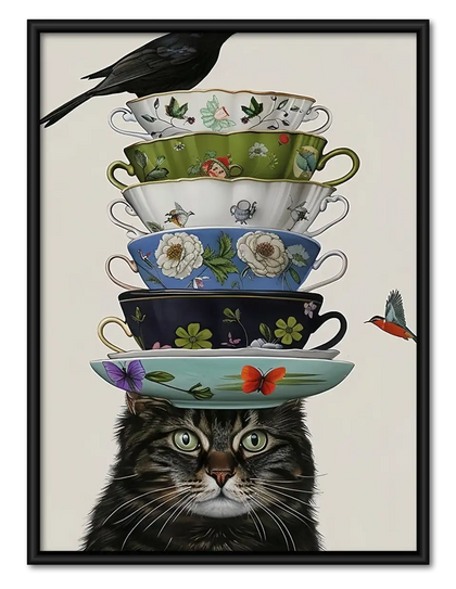 Cat Balancing Tower of Teacups Wall Art