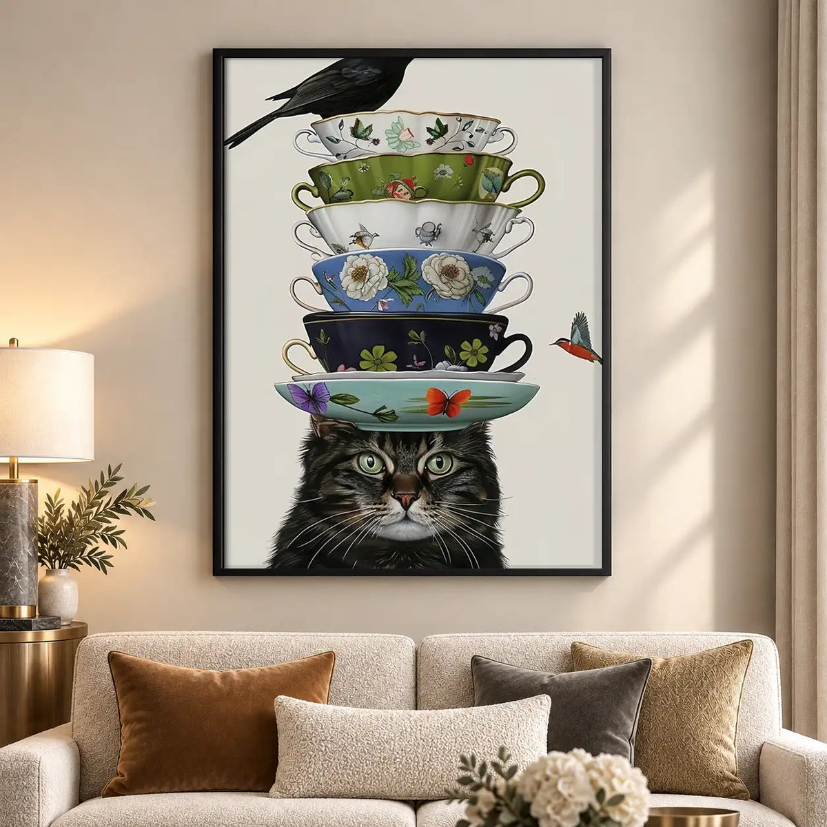 Cat Balancing Tower of Teacups Wall Art 5