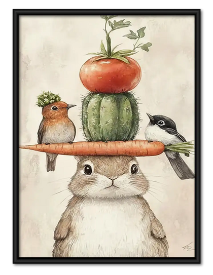 Cat Balancing Vegetables and Birds Wall Art